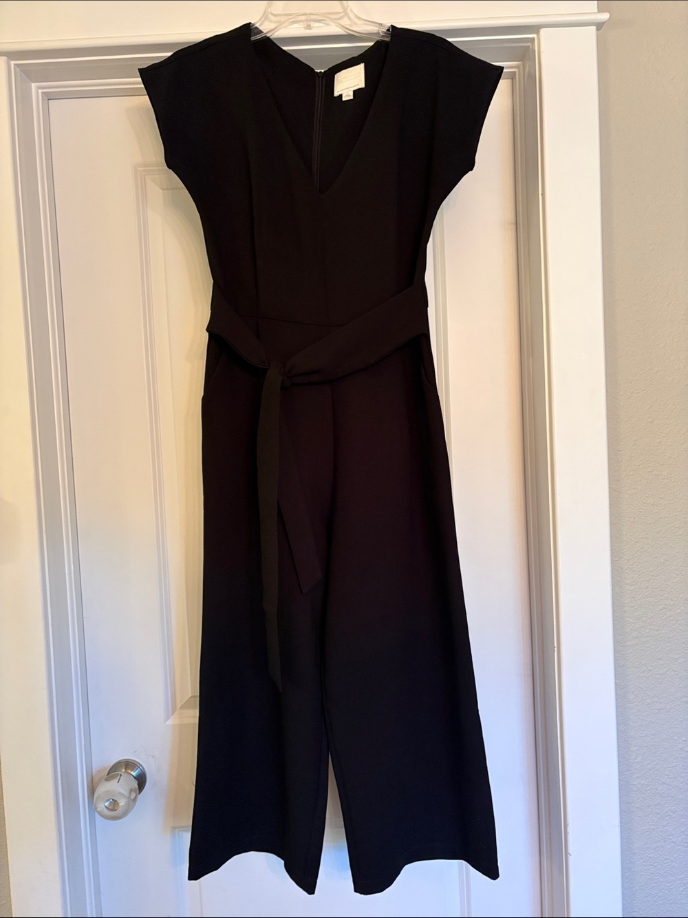 Anthropologie Black V-Neck Belted Wide-Leg Jumpsuit